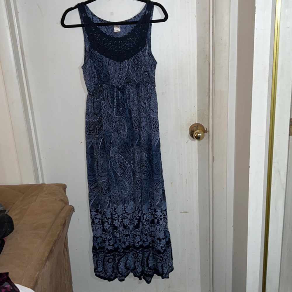🌞 Blue Boho paisley patterned Maxi Dress with crochet Size: Medium